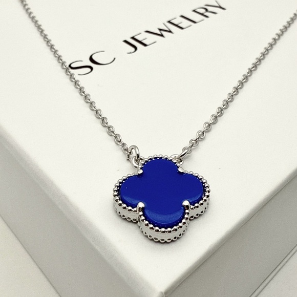 Royal Blue Clover Necklace Silver Tone Chain Double Sided - Picture 6 of 10